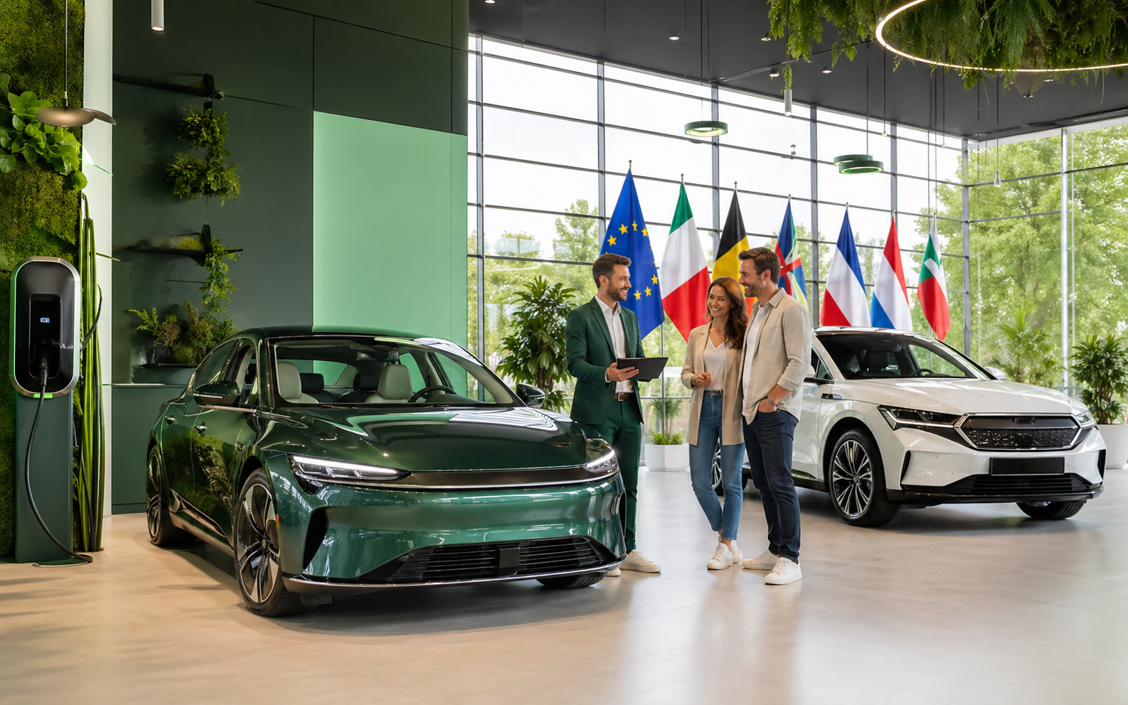 Salon claritysource.info z evropskimi zastavami, električnimi vozili in svetovalci